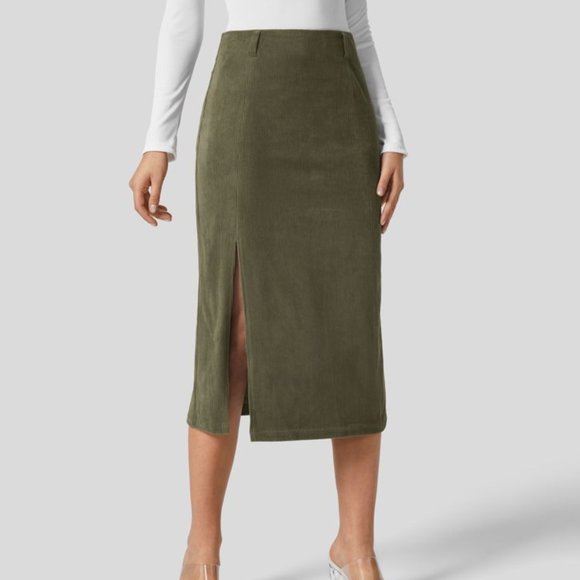 HALARA Dresses & Skirts - Halra High Waisted Invisible Zipper Split Hem Midi Corduroy Casual Skirt